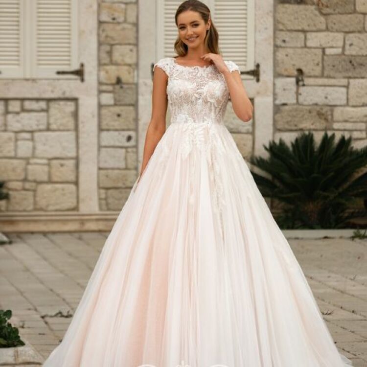 Brautkleid Tüll konservativ rosa blush Tür Türgriff Mauer Wand Pflanze Frau Braut