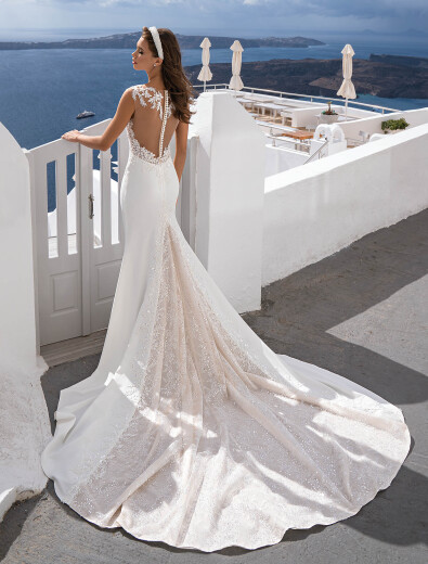 Brautkleid Tatoo-Spitze transparent enges Kleid weiß Blumen Schleppe 